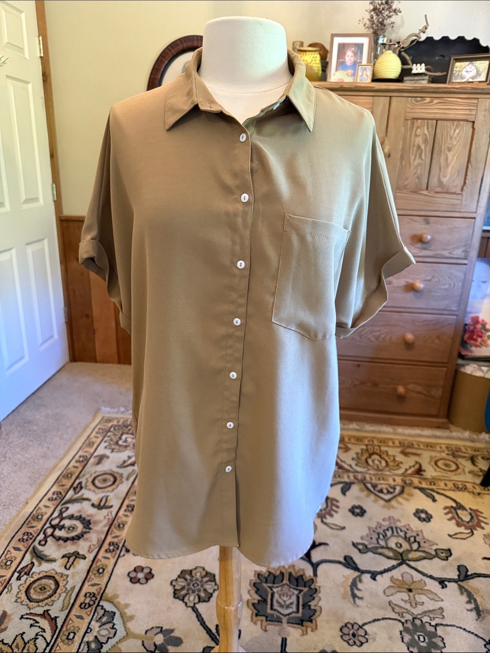 Relaxed Short-Sleeve Button-Up Blouse in Tan